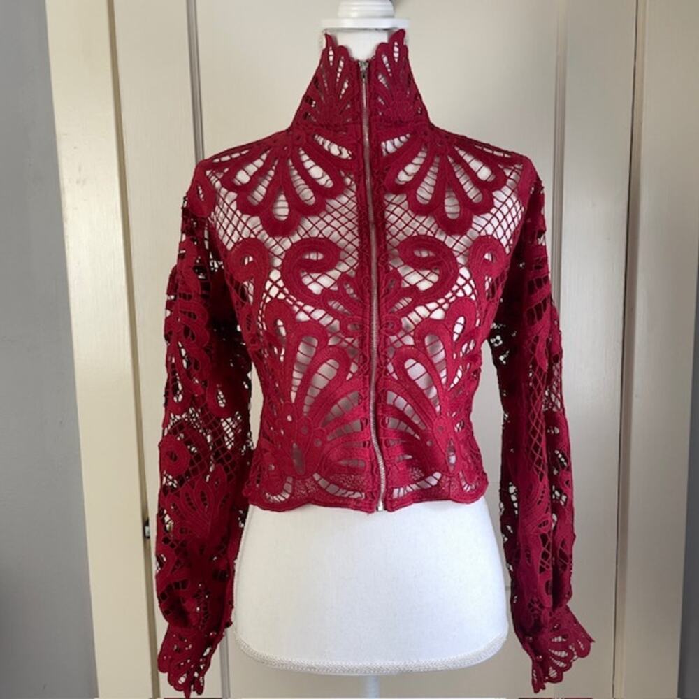 Soul + Sepia Burgundy Lace Crochet Small Zip Front Boho Gothic Statement Jacket